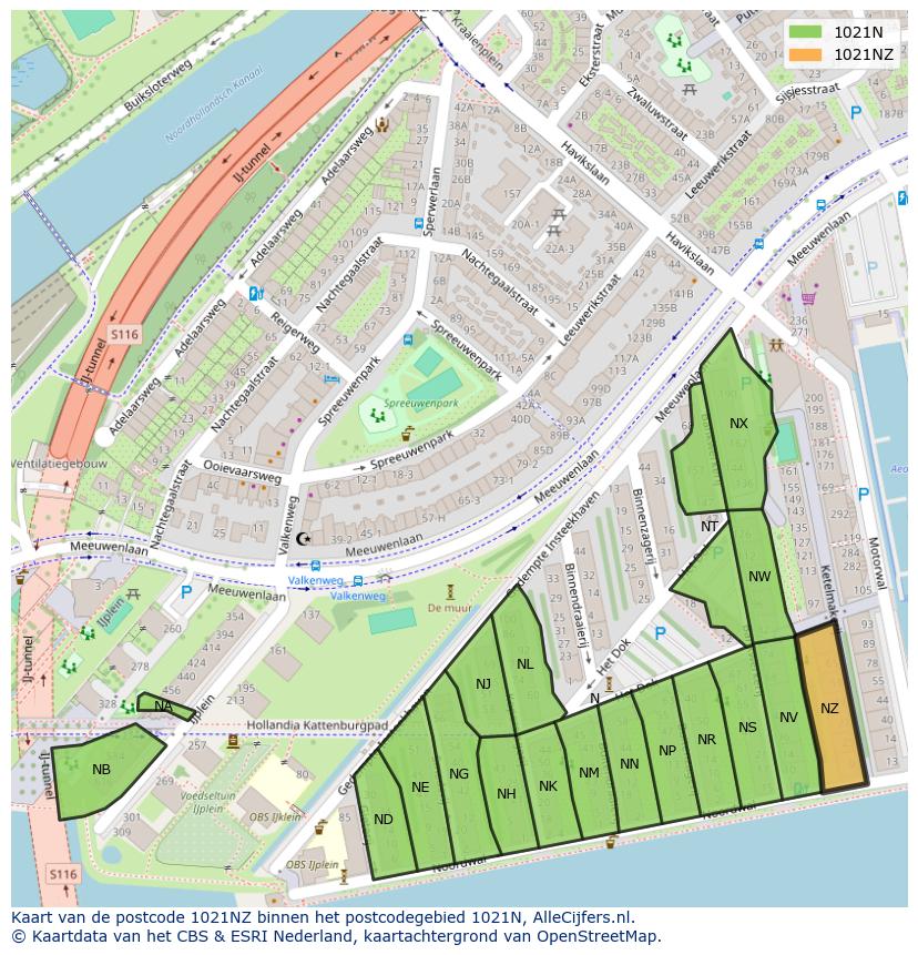 Afbeelding van het postcodegebied 1021 NZ op de kaart.