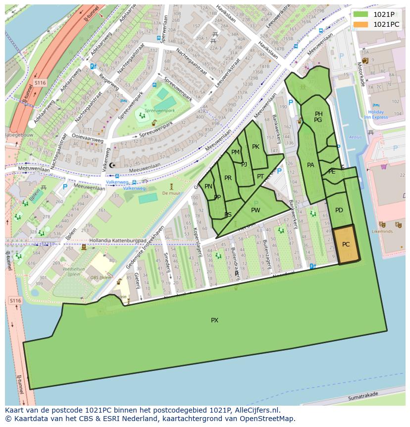 Afbeelding van het postcodegebied 1021 PC op de kaart.
