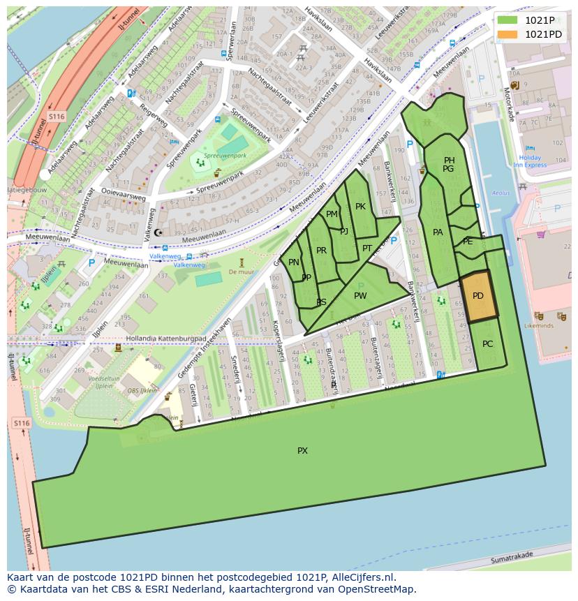 Afbeelding van het postcodegebied 1021 PD op de kaart.