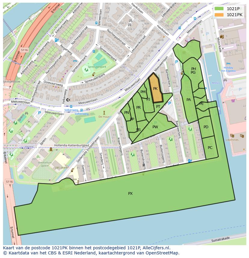 Afbeelding van het postcodegebied 1021 PK op de kaart.