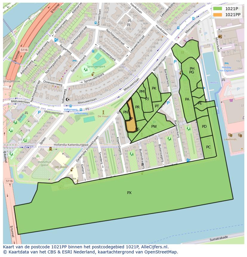 Afbeelding van het postcodegebied 1021 PP op de kaart.
