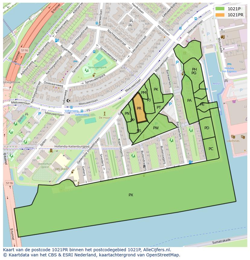 Afbeelding van het postcodegebied 1021 PR op de kaart.