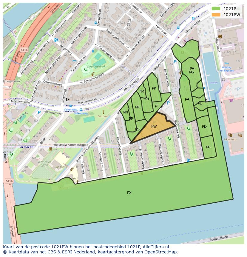 Afbeelding van het postcodegebied 1021 PW op de kaart.