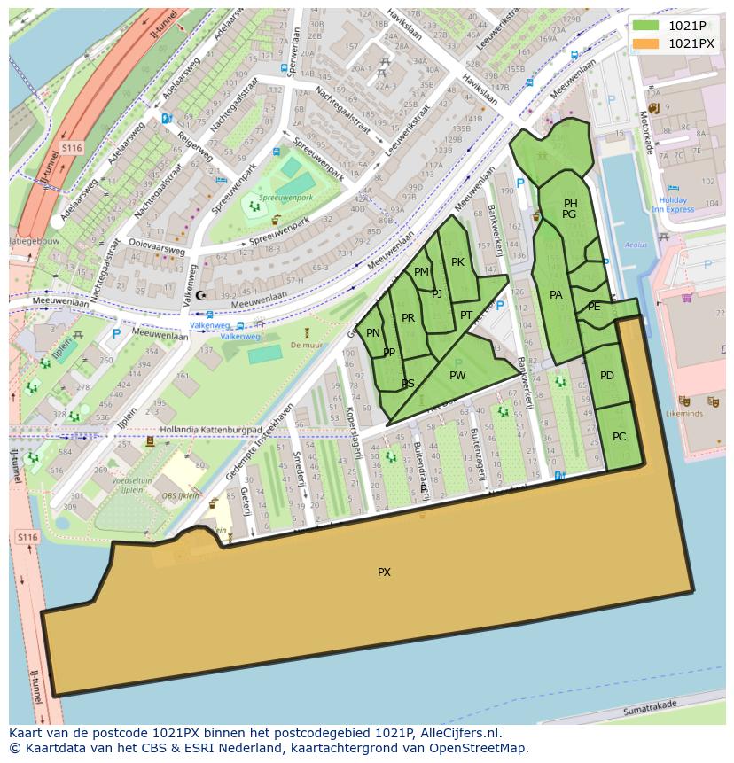 Afbeelding van het postcodegebied 1021 PX op de kaart.