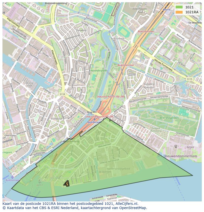 Afbeelding van het postcodegebied 1021 RA op de kaart.