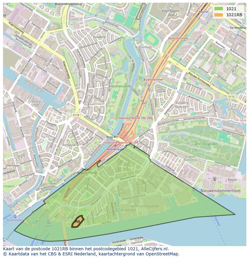 Afbeelding van het postcodegebied 1021 RB op de kaart.