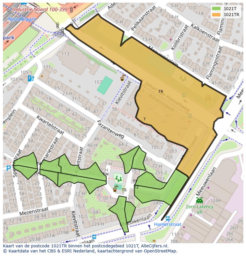 Afbeelding van het postcodegebied 1021 TR op de kaart.