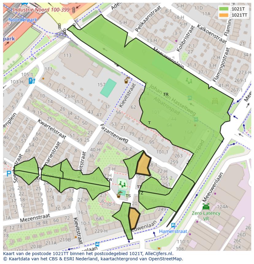 Afbeelding van het postcodegebied 1021 TT op de kaart.
