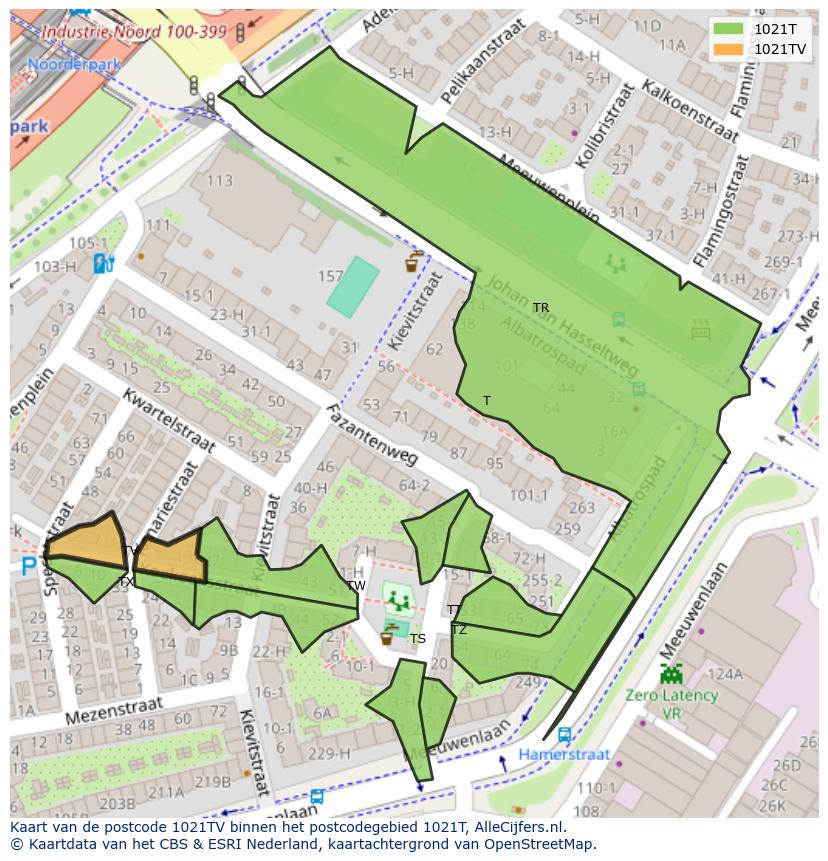 Afbeelding van het postcodegebied 1021 TV op de kaart.