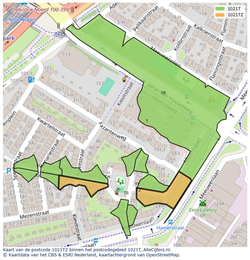 Afbeelding van het postcodegebied 1021 TZ op de kaart.