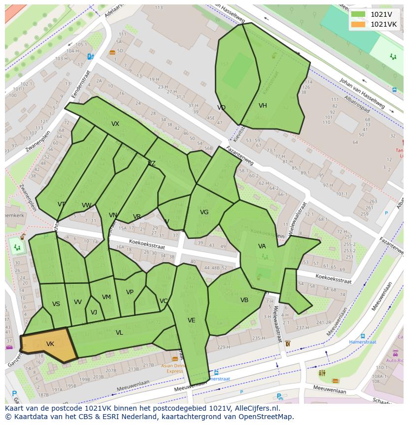 Afbeelding van het postcodegebied 1021 VK op de kaart.