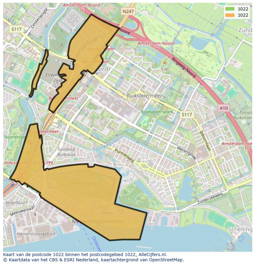 Afbeelding van het postcodegebied 1022 op de kaart.