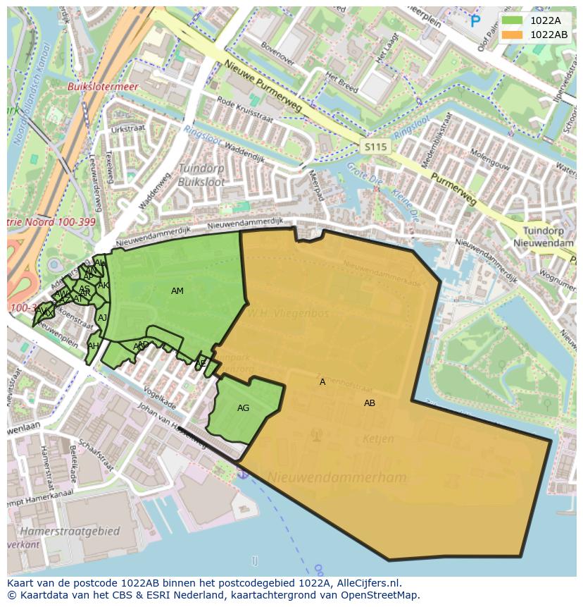 Afbeelding van het postcodegebied 1022 AB op de kaart.