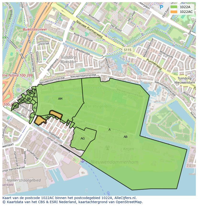 Afbeelding van het postcodegebied 1022 AC op de kaart.
