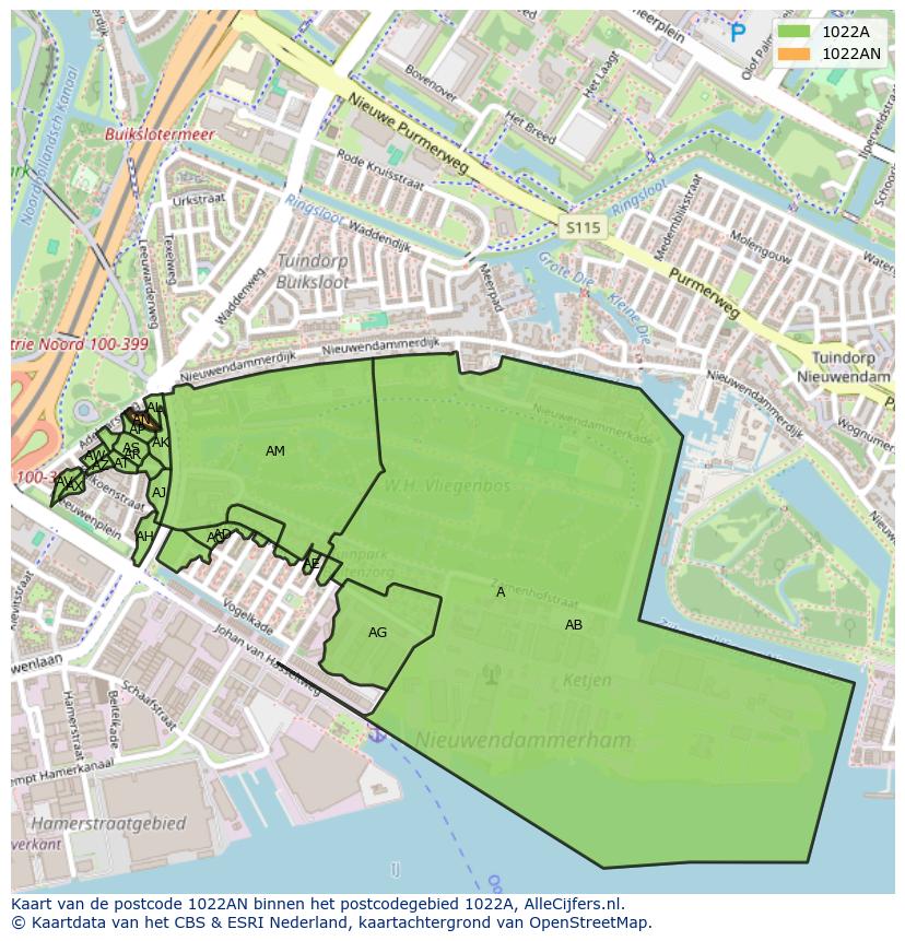 Afbeelding van het postcodegebied 1022 AN op de kaart.