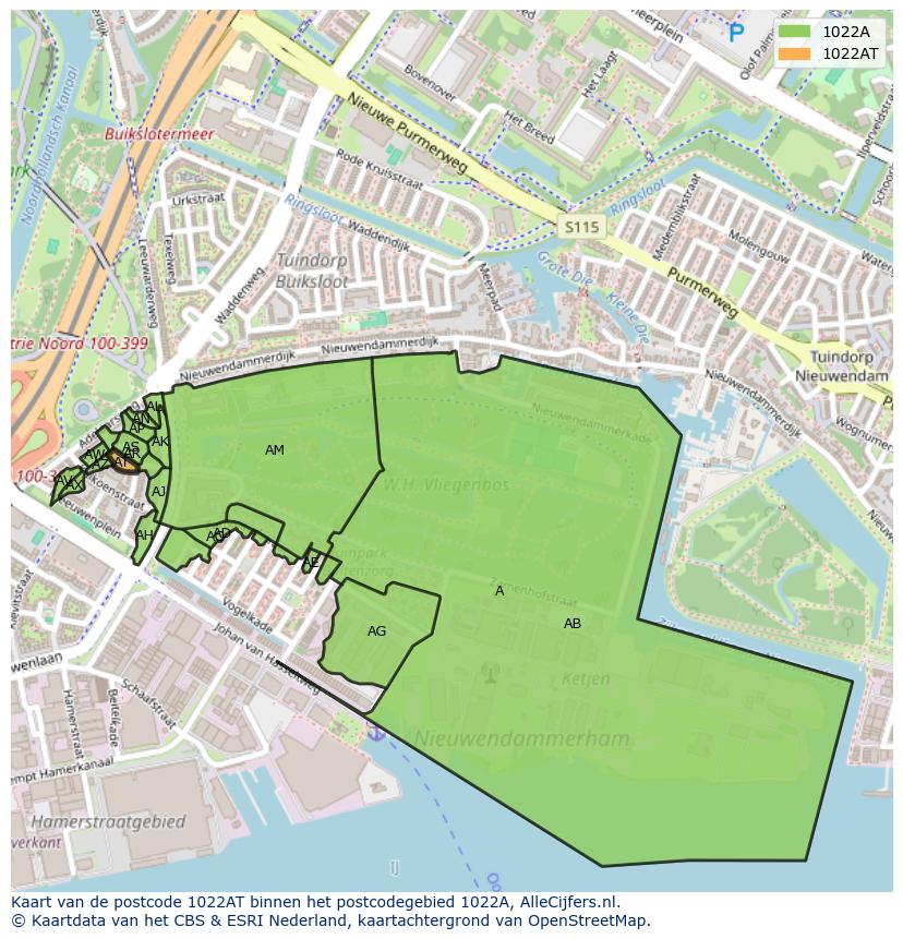 Afbeelding van het postcodegebied 1022 AT op de kaart.
