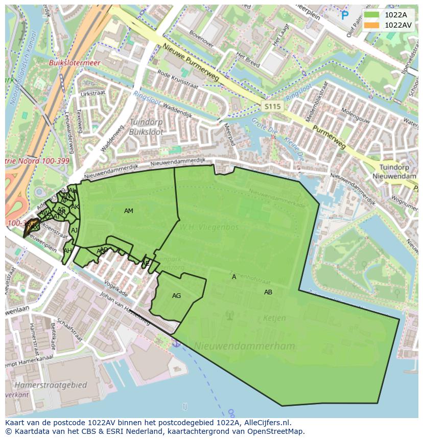 Afbeelding van het postcodegebied 1022 AV op de kaart.