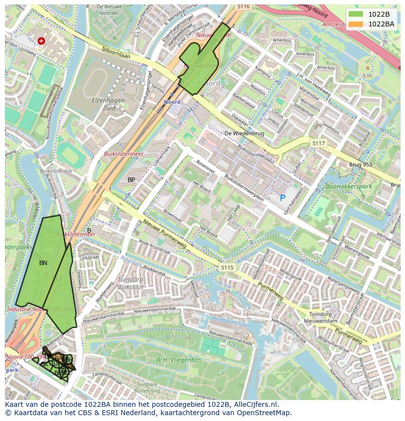 Afbeelding van het postcodegebied 1022 BA op de kaart.