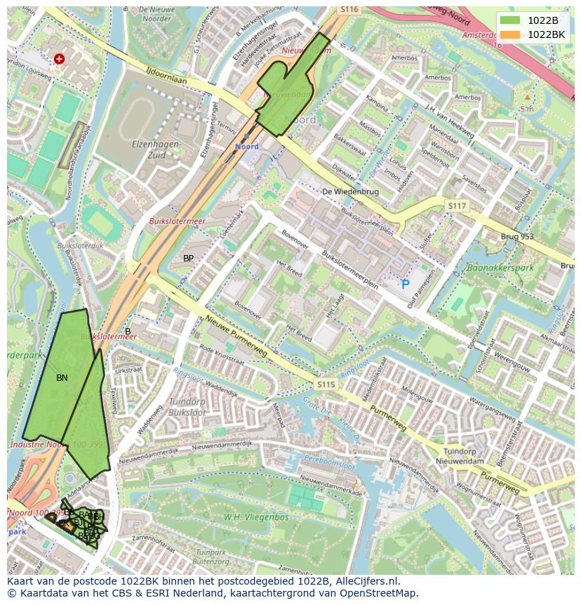 Afbeelding van het postcodegebied 1022 BK op de kaart.