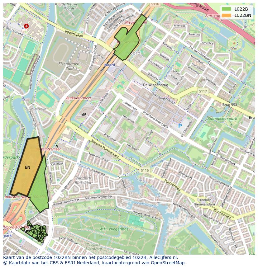 Afbeelding van het postcodegebied 1022 BN op de kaart.