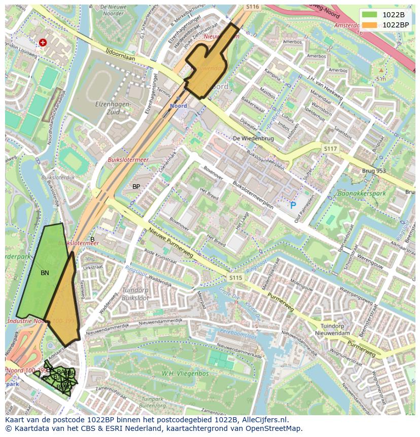 Afbeelding van het postcodegebied 1022 BP op de kaart.