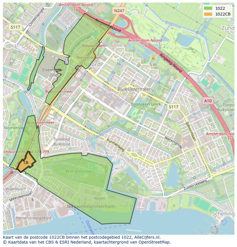 Afbeelding van het postcodegebied 1022 CB op de kaart.