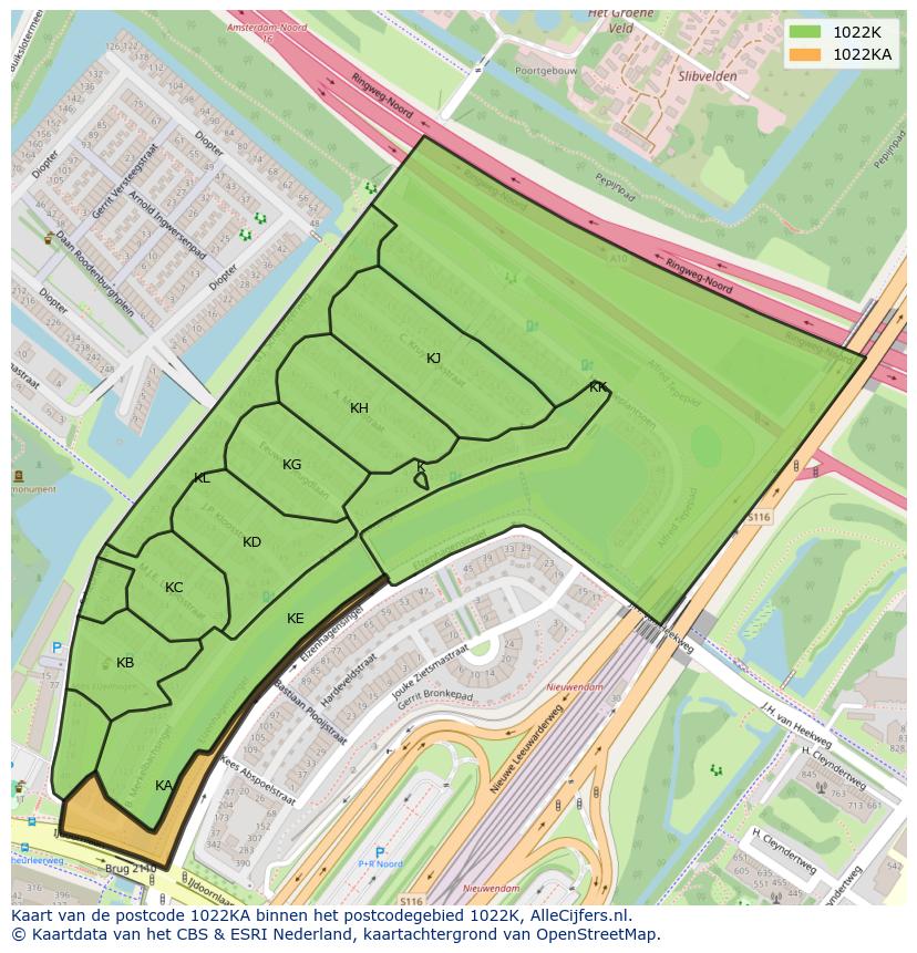 Afbeelding van het postcodegebied 1022 KA op de kaart.