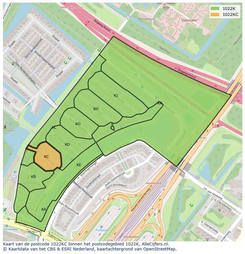 Afbeelding van het postcodegebied 1022 KC op de kaart.