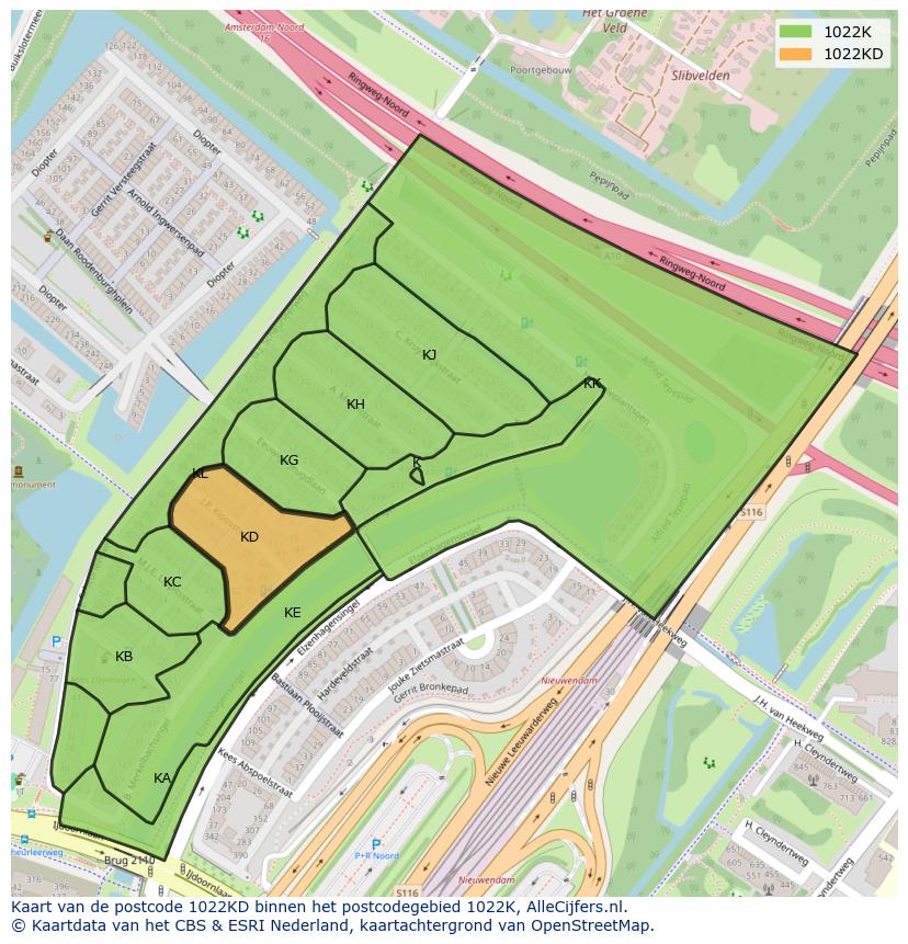 Afbeelding van het postcodegebied 1022 KD op de kaart.