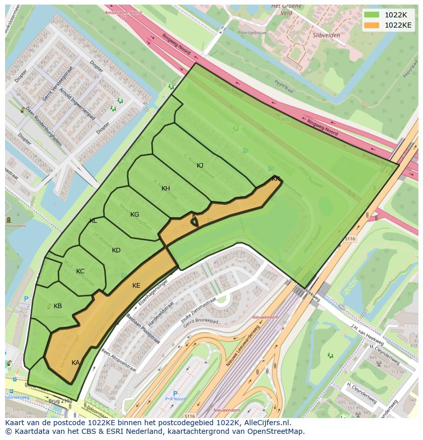 Afbeelding van het postcodegebied 1022 KE op de kaart.
