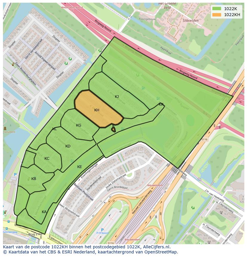 Afbeelding van het postcodegebied 1022 KH op de kaart.