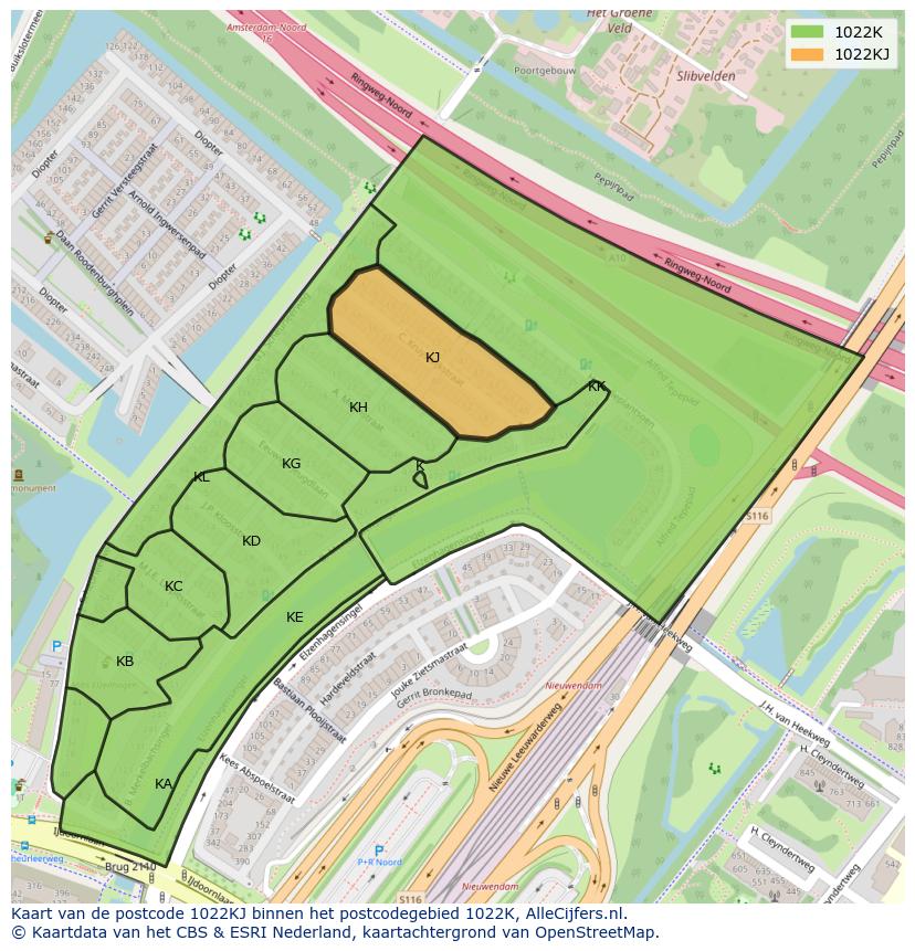 Afbeelding van het postcodegebied 1022 KJ op de kaart.