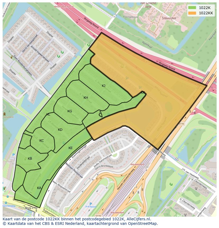 Afbeelding van het postcodegebied 1022 KK op de kaart.
