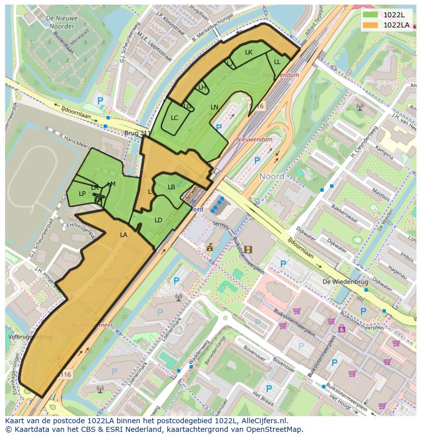 Afbeelding van het postcodegebied 1022 LA op de kaart.