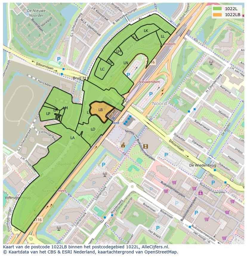 Afbeelding van het postcodegebied 1022 LB op de kaart.