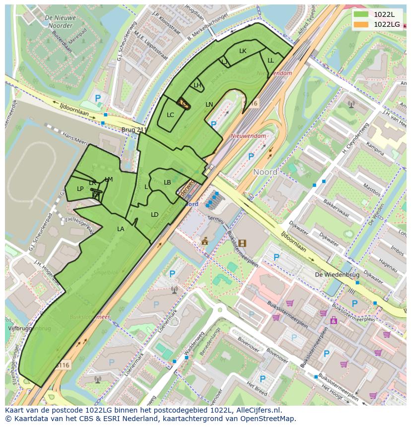 Afbeelding van het postcodegebied 1022 LG op de kaart.