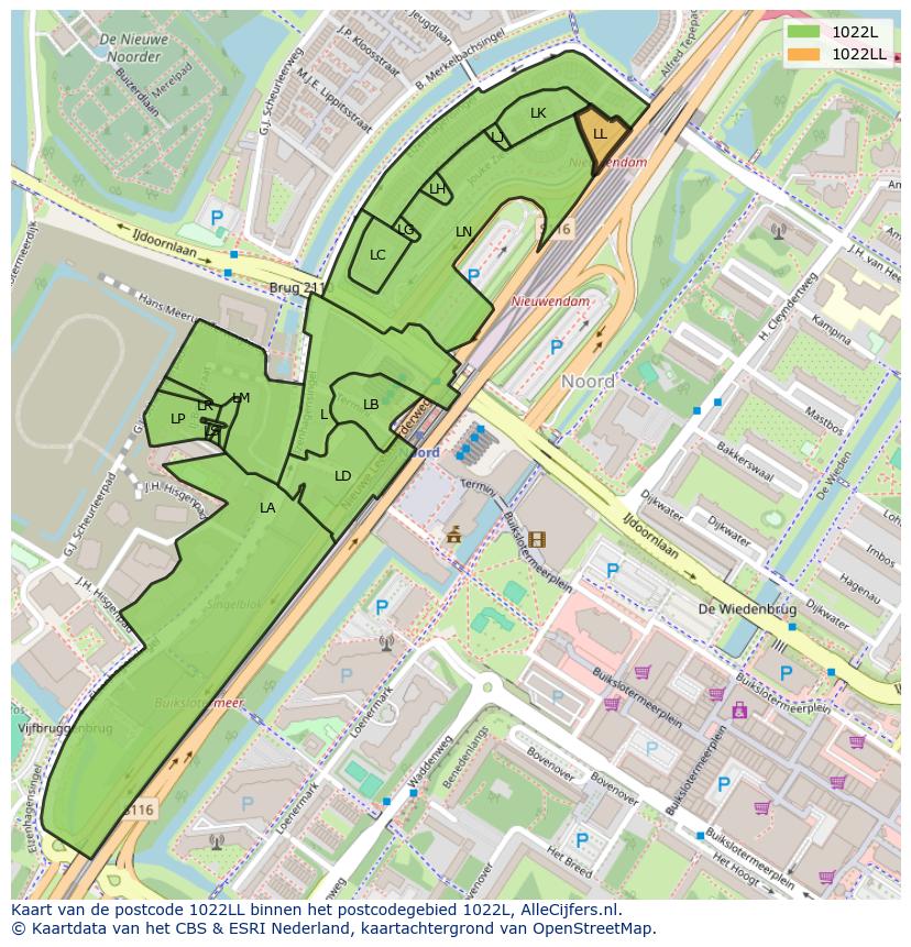 Afbeelding van het postcodegebied 1022 LL op de kaart.