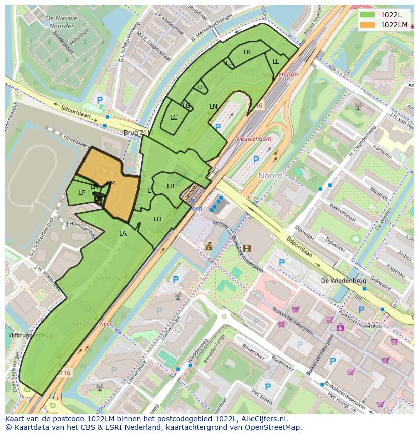 Afbeelding van het postcodegebied 1022 LM op de kaart.