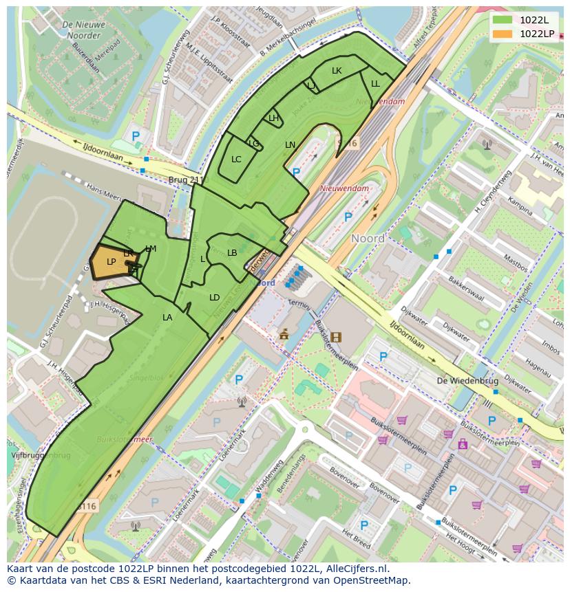 Afbeelding van het postcodegebied 1022 LP op de kaart.