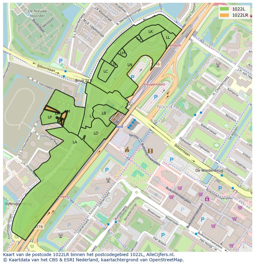 Afbeelding van het postcodegebied 1022 LR op de kaart.