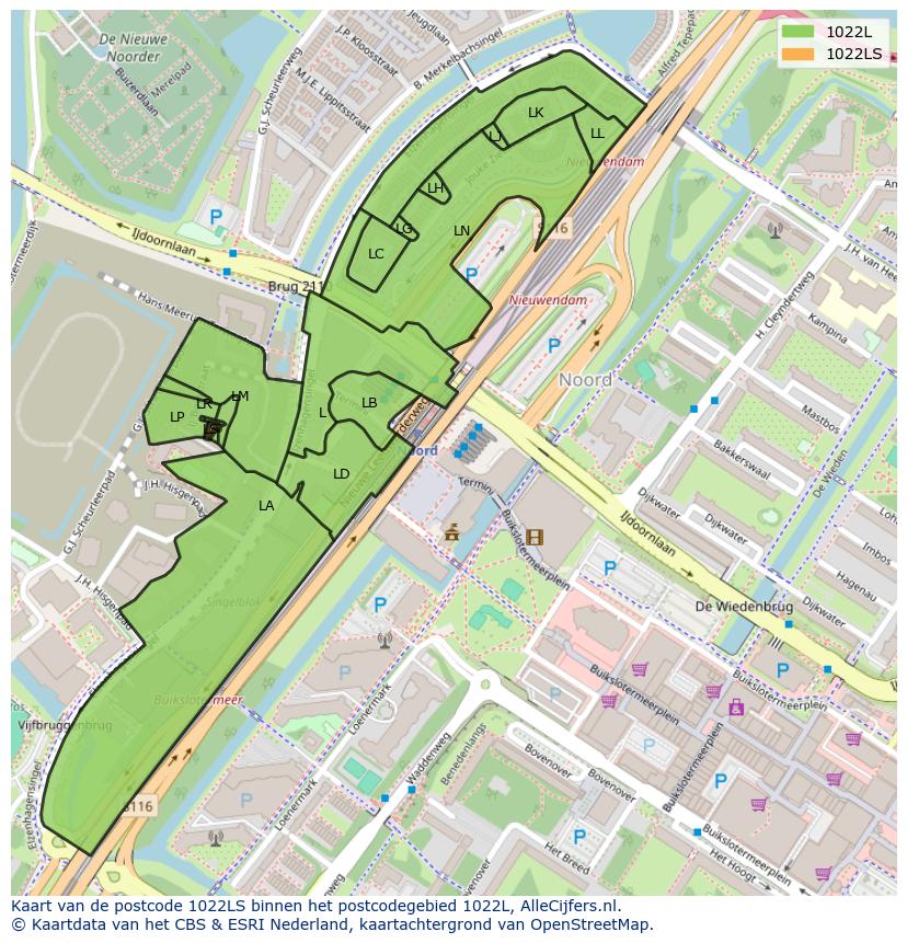 Afbeelding van het postcodegebied 1022 LS op de kaart.