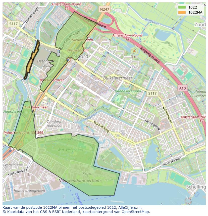 Afbeelding van het postcodegebied 1022 MA op de kaart.