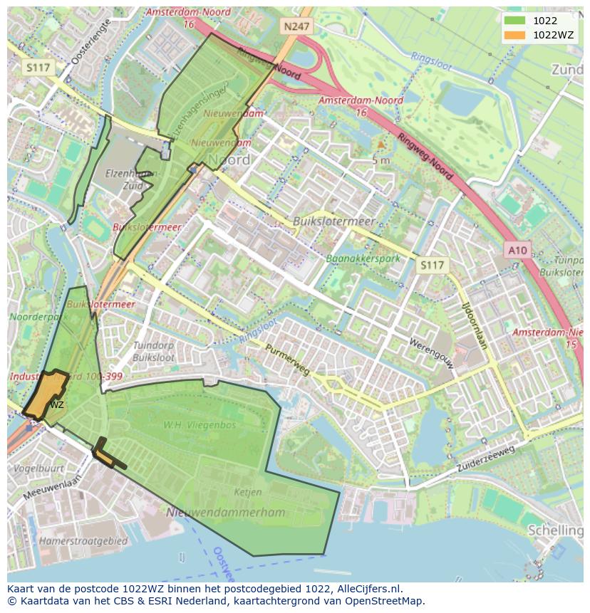 Afbeelding van het postcodegebied 1022 WZ op de kaart.
