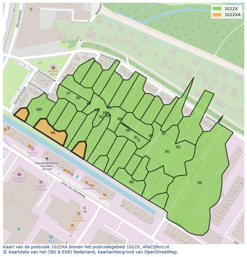 Afbeelding van het postcodegebied 1022 XA op de kaart.