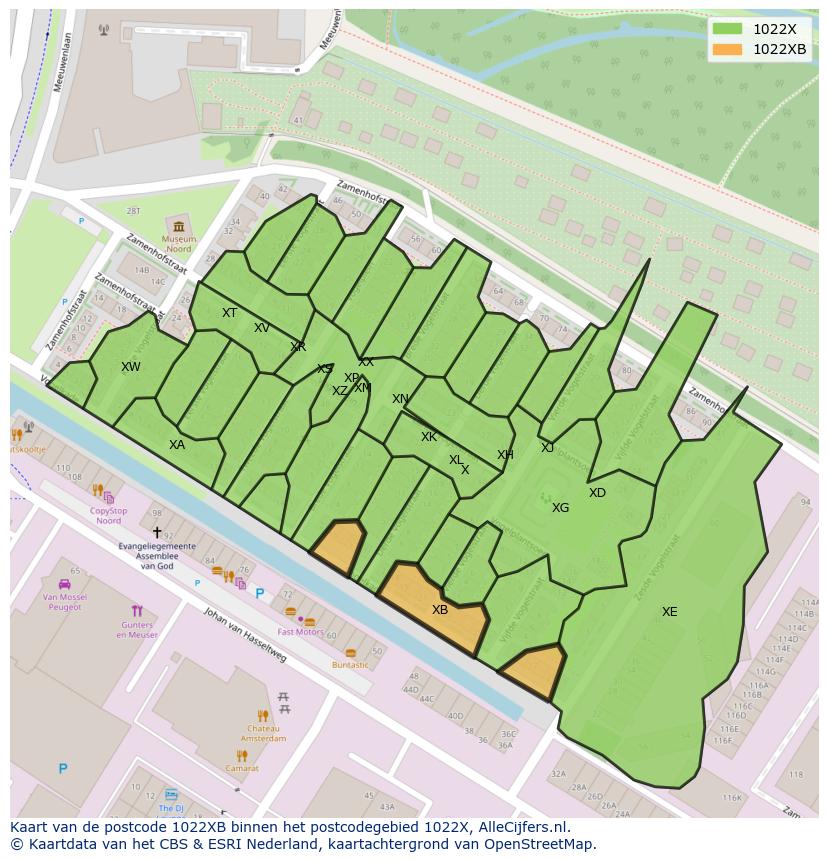 Afbeelding van het postcodegebied 1022 XB op de kaart.