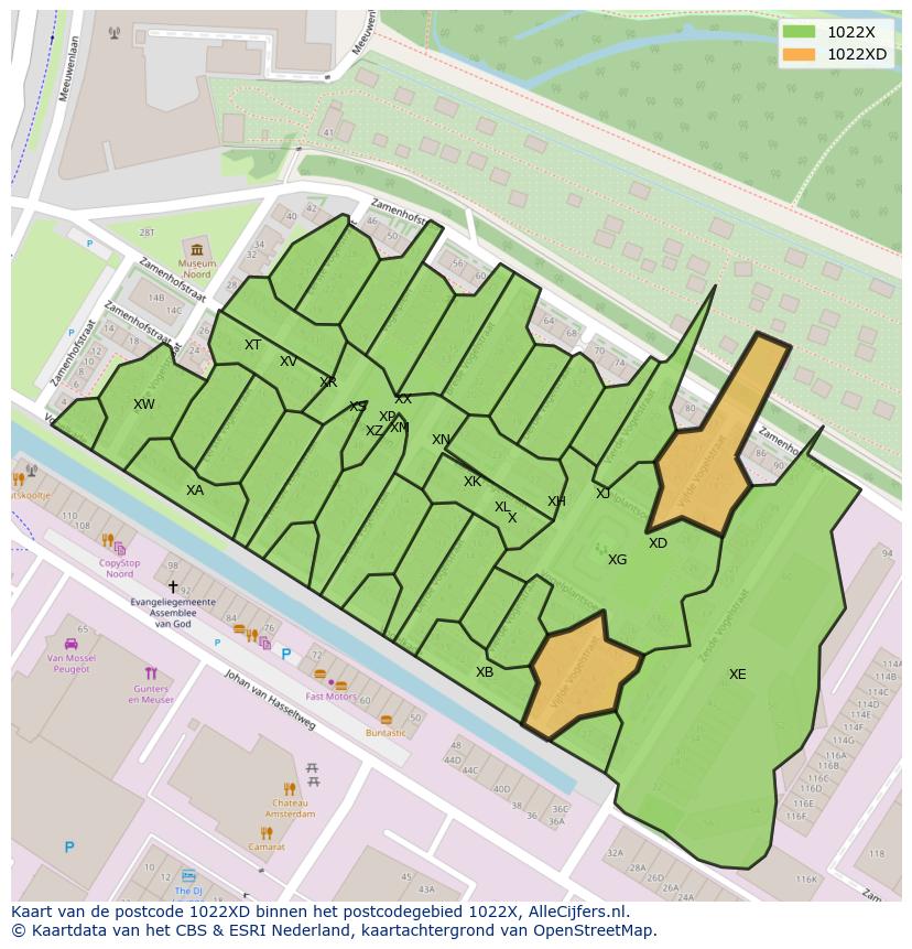 Afbeelding van het postcodegebied 1022 XD op de kaart.