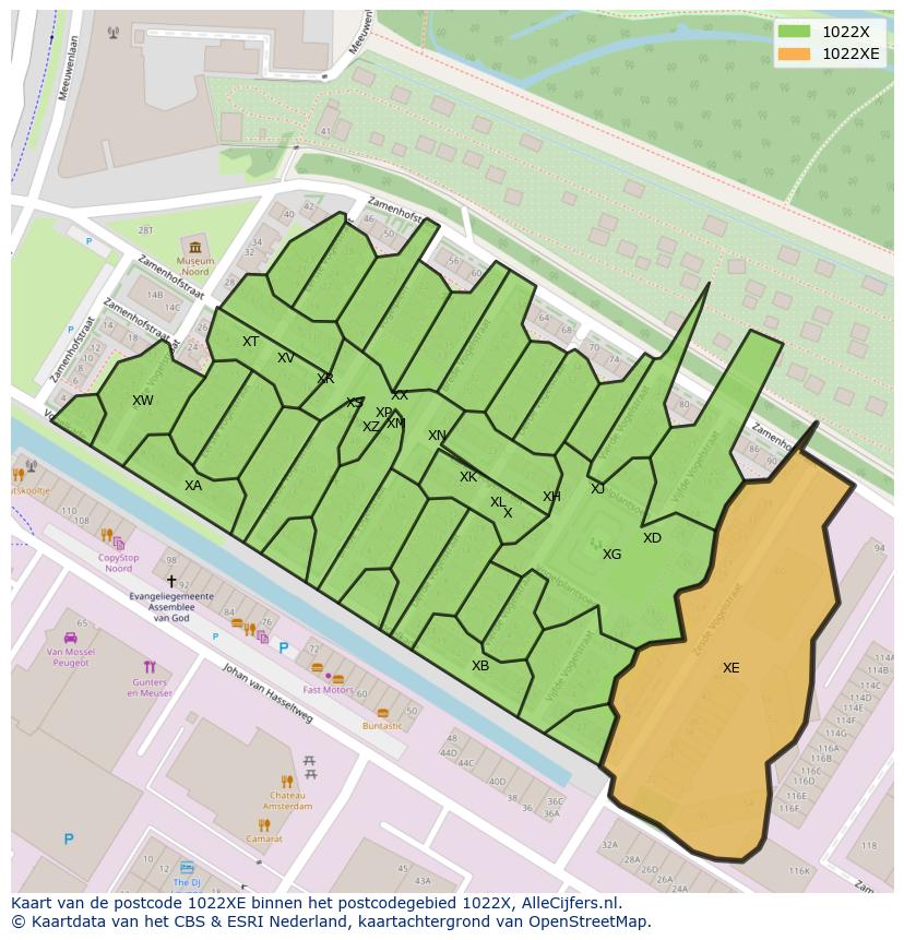 Afbeelding van het postcodegebied 1022 XE op de kaart.
