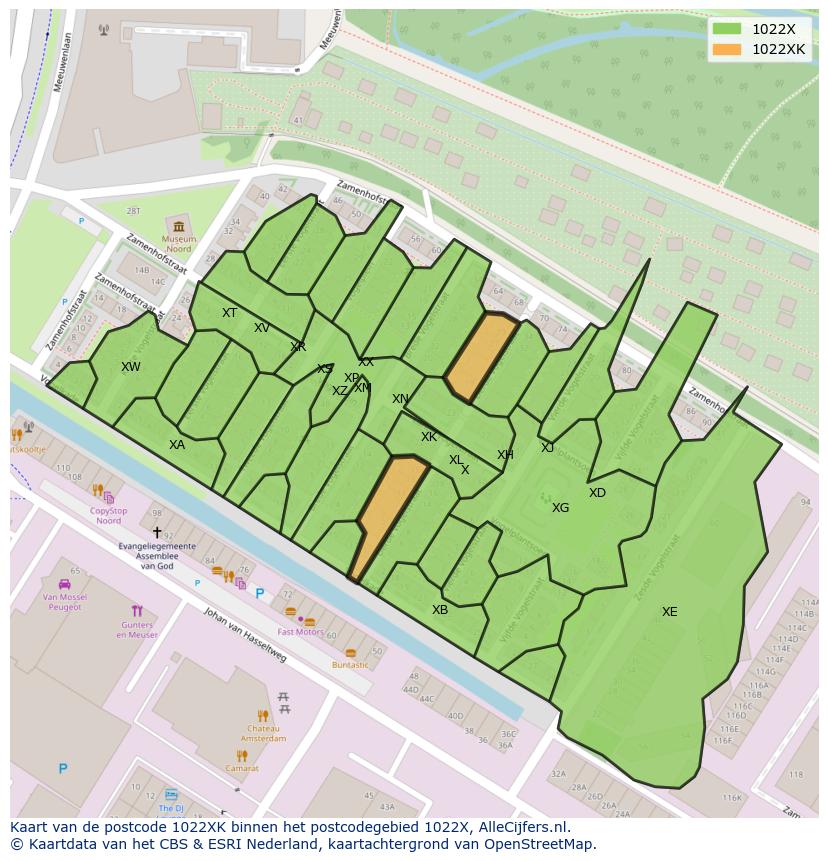 Afbeelding van het postcodegebied 1022 XK op de kaart.