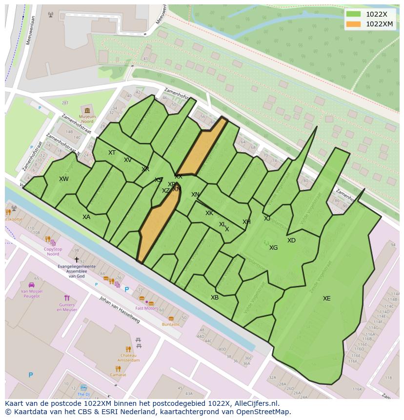Afbeelding van het postcodegebied 1022 XM op de kaart.
