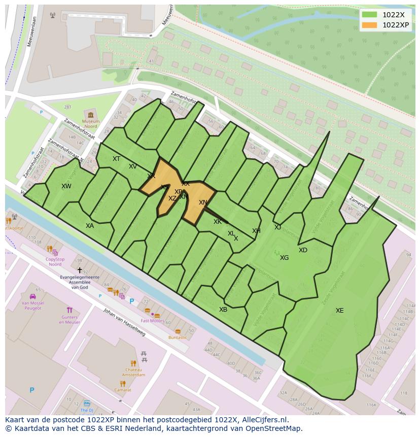 Afbeelding van het postcodegebied 1022 XP op de kaart.